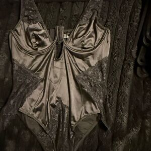 Black Lace-Trim Satin Bodysuit - Unknown Brand